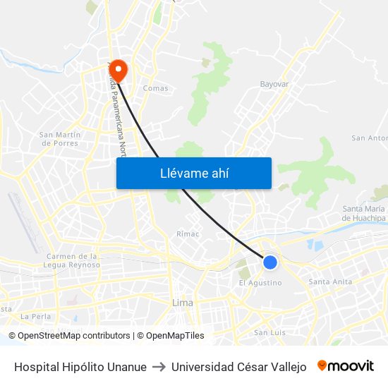 Hospital Hipólito Unanue to Universidad César Vallejo map