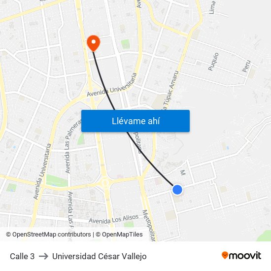 Calle 3 to Universidad César Vallejo map