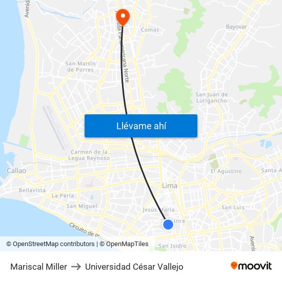 Mariscal Miller to Universidad César Vallejo map