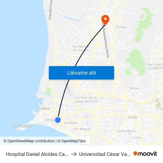 Hospital Daniel Alcides Carrión to Universidad César Vallejo map