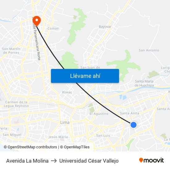 Avenida La Molina to Universidad César Vallejo map