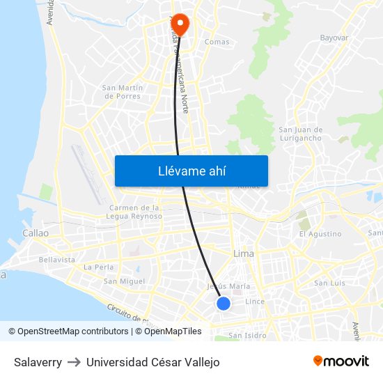 Salaverry to Universidad César Vallejo map