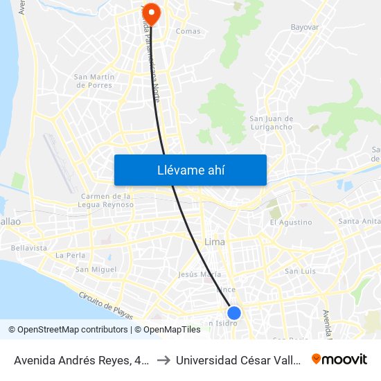 Avenida Andrés Reyes, 472 to Universidad César Vallejo map