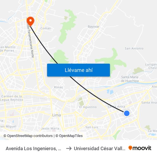 Avenida Los Ingenieros, 205 to Universidad César Vallejo map