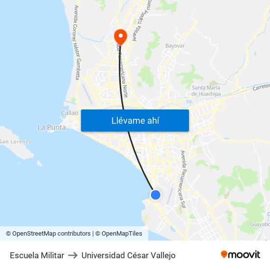 Escuela Militar to Universidad César Vallejo map