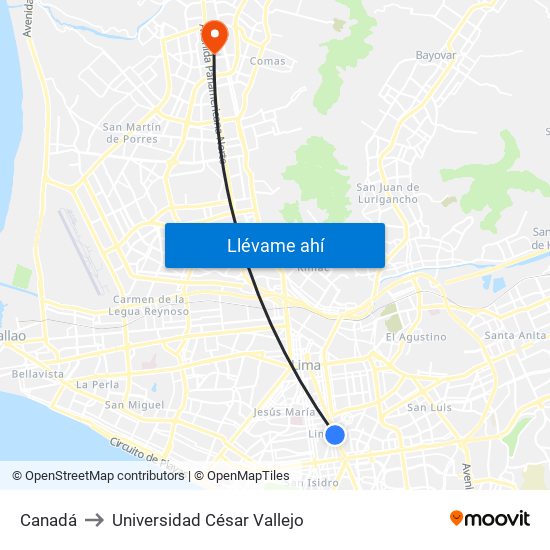 Canadá to Universidad César Vallejo map