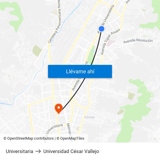 Universitaria to Universidad César Vallejo map