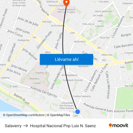 Salaverry to Hospital Nacional Pnp Luis N. Saenz map