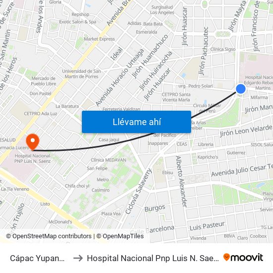 Cápac Yupanqui to Hospital Nacional Pnp Luis N. Saenz map