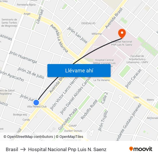 Brasil to Hospital Nacional Pnp Luis N. Saenz map