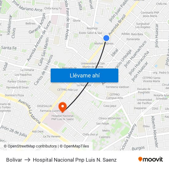 Bolívar to Hospital Nacional Pnp Luis N. Saenz map