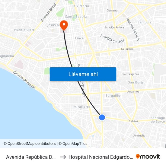 Avenida República De Panamá, 6239 to Hospital Nacional Edgardo Rebagliati Martins map
