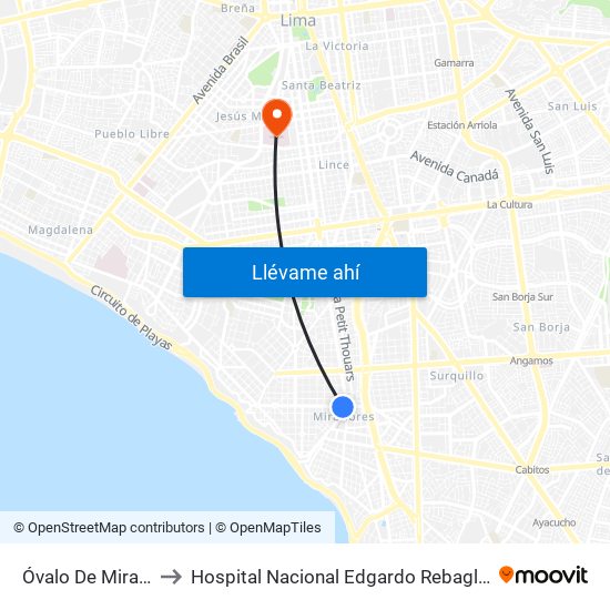 Óvalo De Miraflores to Hospital Nacional Edgardo Rebagliati Martins map
