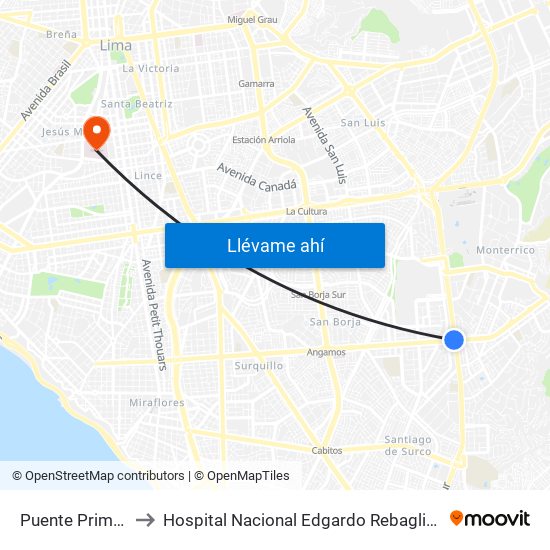 Puente Primavera to Hospital Nacional Edgardo Rebagliati Martins map