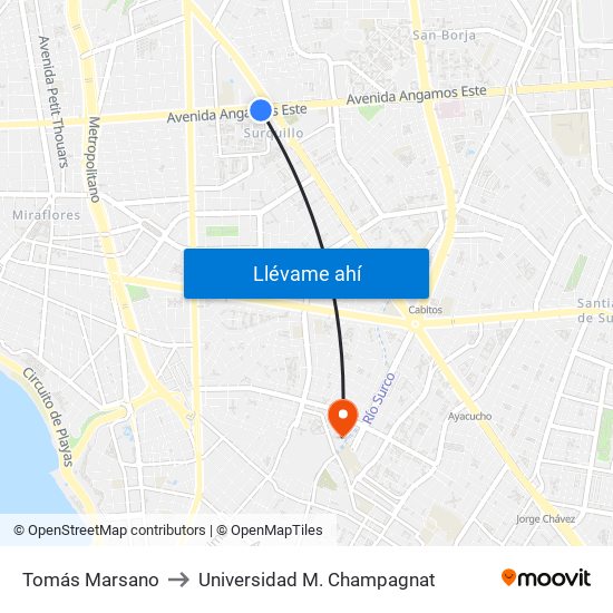 Tomás Marsano to Universidad M. Champagnat map