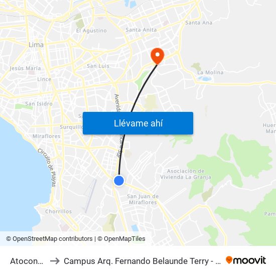 Atocongo to Campus Arq. Fernando Belaunde Terry - Usil map
