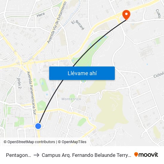 Pentagonito to Campus Arq. Fernando Belaunde Terry - Usil map