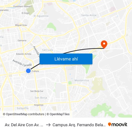 Av. Del Aire Con Av. Javier Prado to Campus Arq. Fernando Belaunde Terry - Usil map