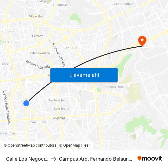 Calle Los Negocios, 499 to Campus Arq. Fernando Belaunde Terry - Usil map