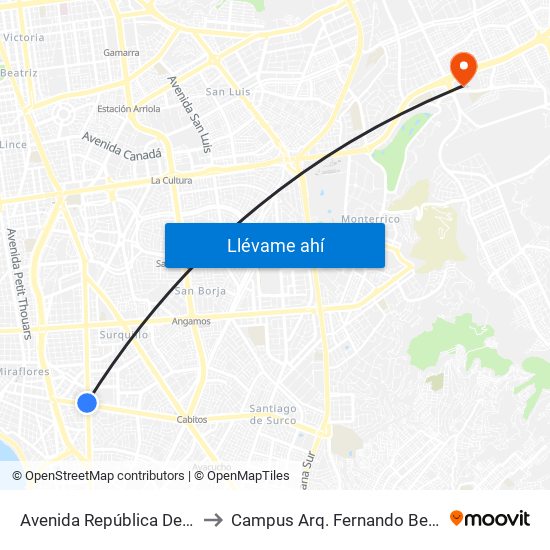 Avenida República De Panamá, 6190 to Campus Arq. Fernando Belaunde Terry - Usil map