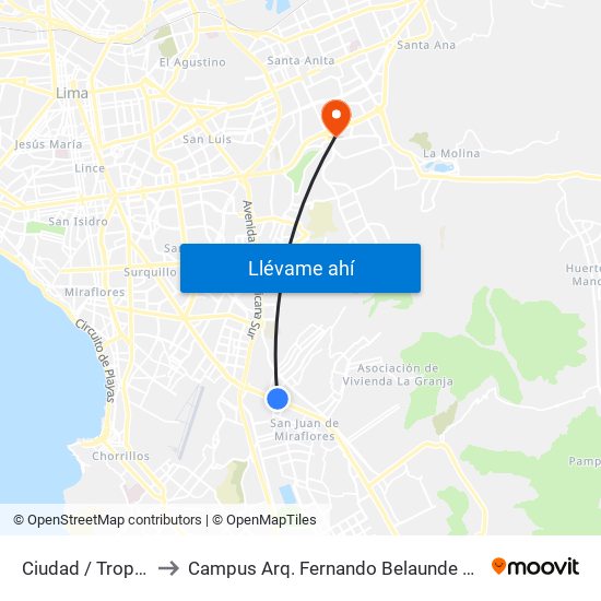 Ciudad / Tropicana to Campus Arq. Fernando Belaunde Terry - Usil map