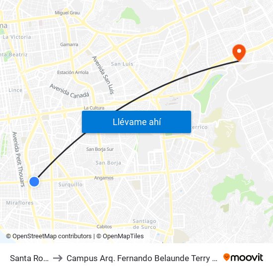 Santa Rosa to Campus Arq. Fernando Belaunde Terry - Usil map