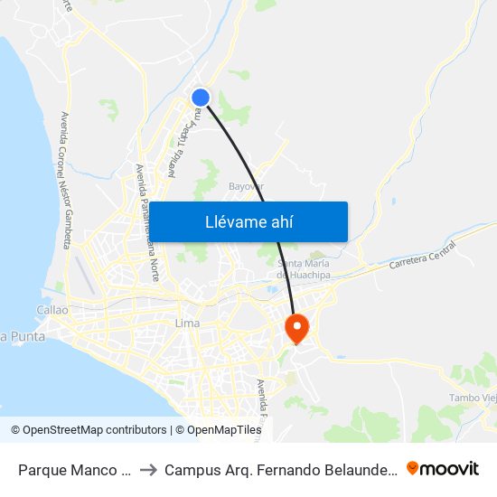 Parque Manco Capac to Campus Arq. Fernando Belaunde Terry - Usil map