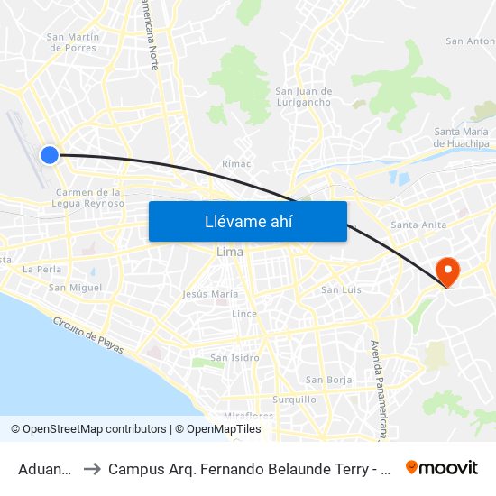 Aduanas to Campus Arq. Fernando Belaunde Terry - Usil map