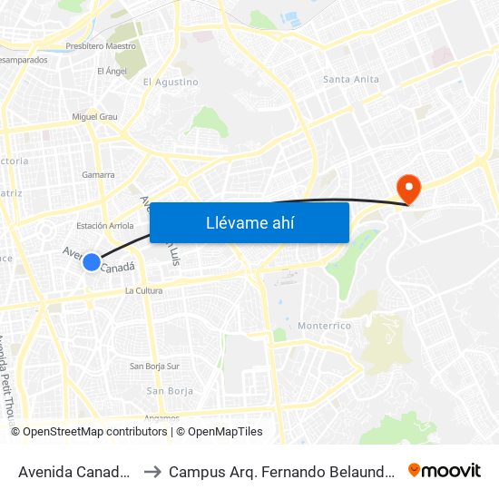 Avenida Canadá, 1125 to Campus Arq. Fernando Belaunde Terry - Usil map