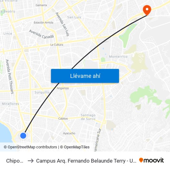 Chipoco to Campus Arq. Fernando Belaunde Terry - Usil map