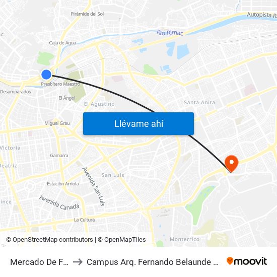 Mercado De Flores to Campus Arq. Fernando Belaunde Terry - Usil map