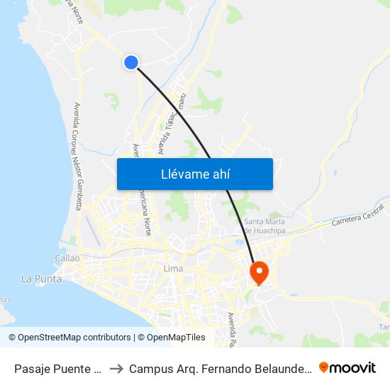 Pasaje Puente Piedra to Campus Arq. Fernando Belaunde Terry - Usil map