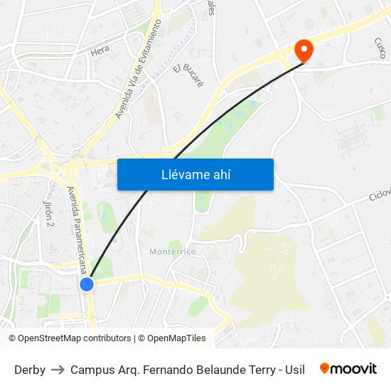 Derby to Campus Arq. Fernando Belaunde Terry - Usil map