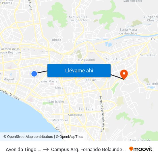 Avenida Tingo Maria to Campus Arq. Fernando Belaunde Terry - Usil map