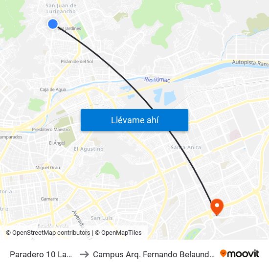 Paradero 10 Las Flores to Campus Arq. Fernando Belaunde Terry - Usil map
