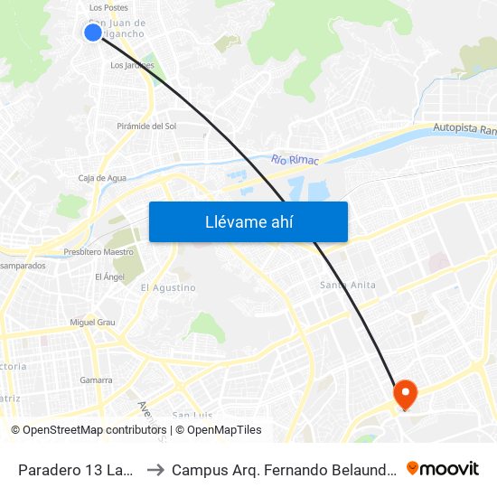 Paradero 13 Las Flores to Campus Arq. Fernando Belaunde Terry - Usil map