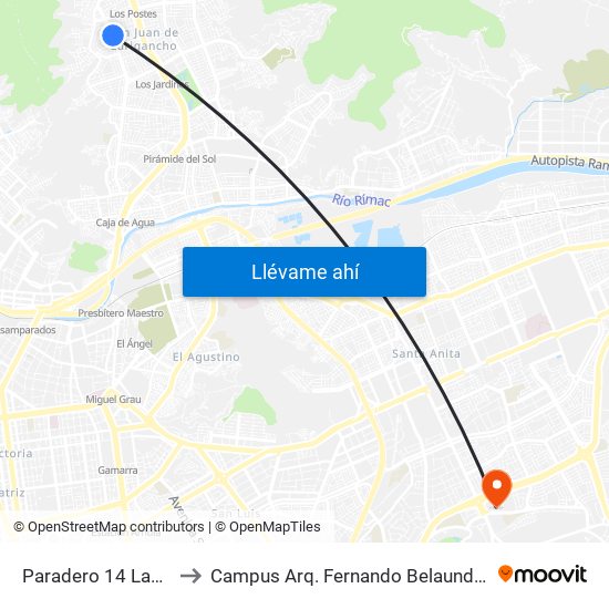 Paradero 14 Las Flores to Campus Arq. Fernando Belaunde Terry - Usil map