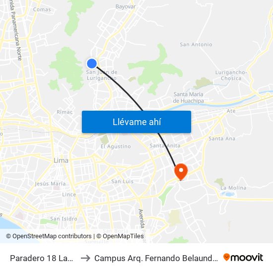 Paradero 18 Las Flores to Campus Arq. Fernando Belaunde Terry - Usil map