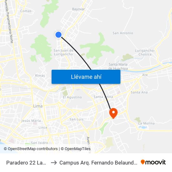 Paradero 22 Las Flores to Campus Arq. Fernando Belaunde Terry - Usil map
