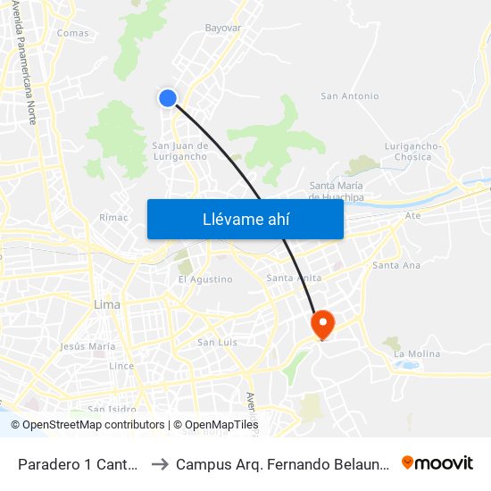 Paradero 1 Canto Grande to Campus Arq. Fernando Belaunde Terry - Usil map