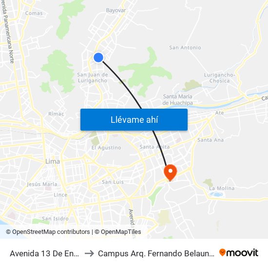 Avenida 13 De Enero 2654 to Campus Arq. Fernando Belaunde Terry - Usil map