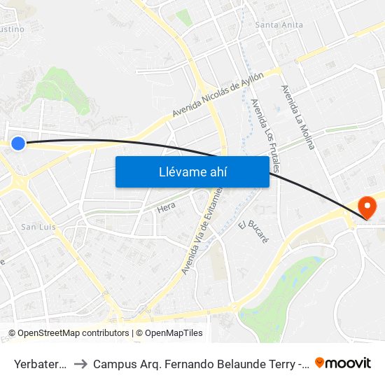 Yerbateros to Campus Arq. Fernando Belaunde Terry - Usil map