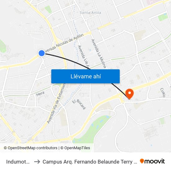 Indumotora to Campus Arq. Fernando Belaunde Terry - Usil map