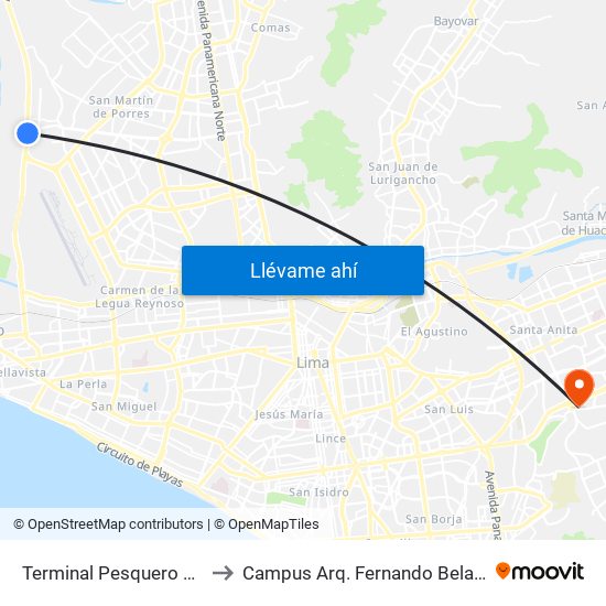 Terminal Pesquero De Ventanilla to Campus Arq. Fernando Belaunde Terry - Usil map