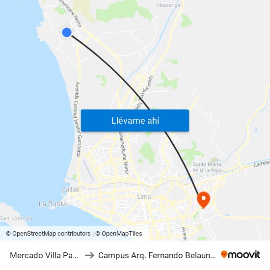 Mercado Villa Pachacutec to Campus Arq. Fernando Belaunde Terry - Usil map