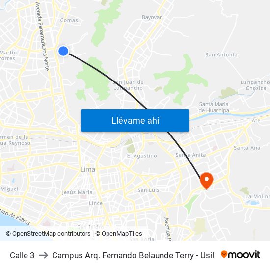 Calle 3 to Campus Arq. Fernando Belaunde Terry - Usil map
