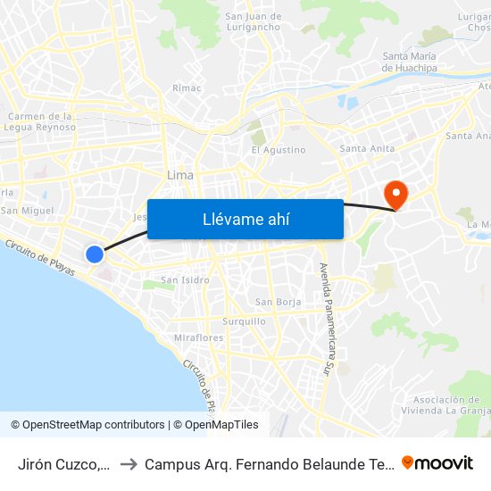 Jirón Cuzco, 374 to Campus Arq. Fernando Belaunde Terry - Usil map