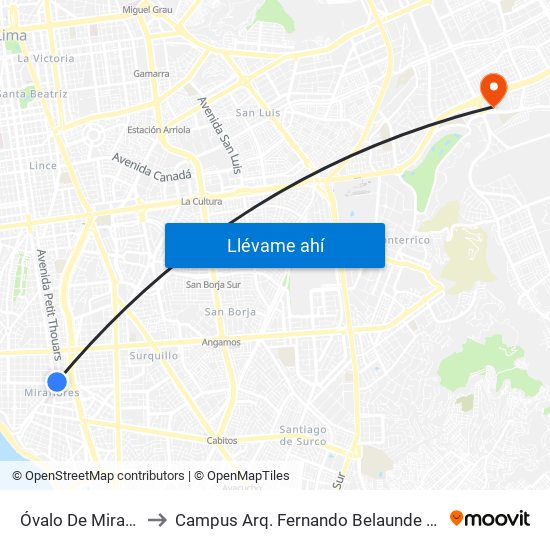 Óvalo De Miraflores to Campus Arq. Fernando Belaunde Terry - Usil map