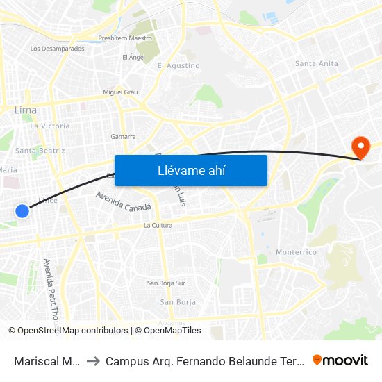 Mariscal Miller to Campus Arq. Fernando Belaunde Terry - Usil map