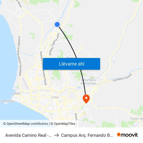Avenida Camino Real - Santo Domingo to Campus Arq. Fernando Belaunde Terry - Usil map